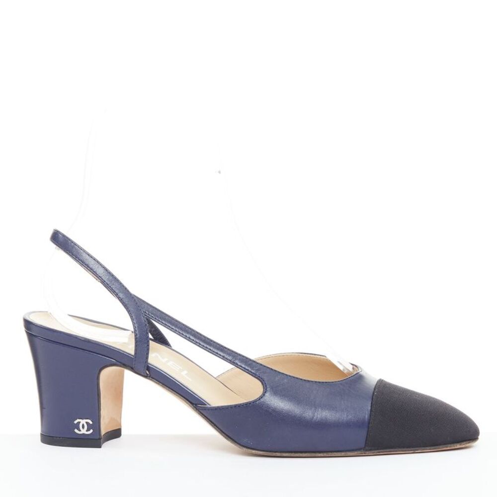 Chanel Blue Leather Grosgrain Cap Toe Slingback Pumps
